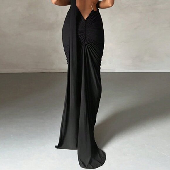 Black Sexy Women's Ring Linked Ruched Backless Dress - Picture 4 of 4